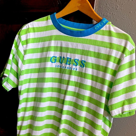 Guess Green and White Striped Tee with Blue Accents - Picture 1 of 3